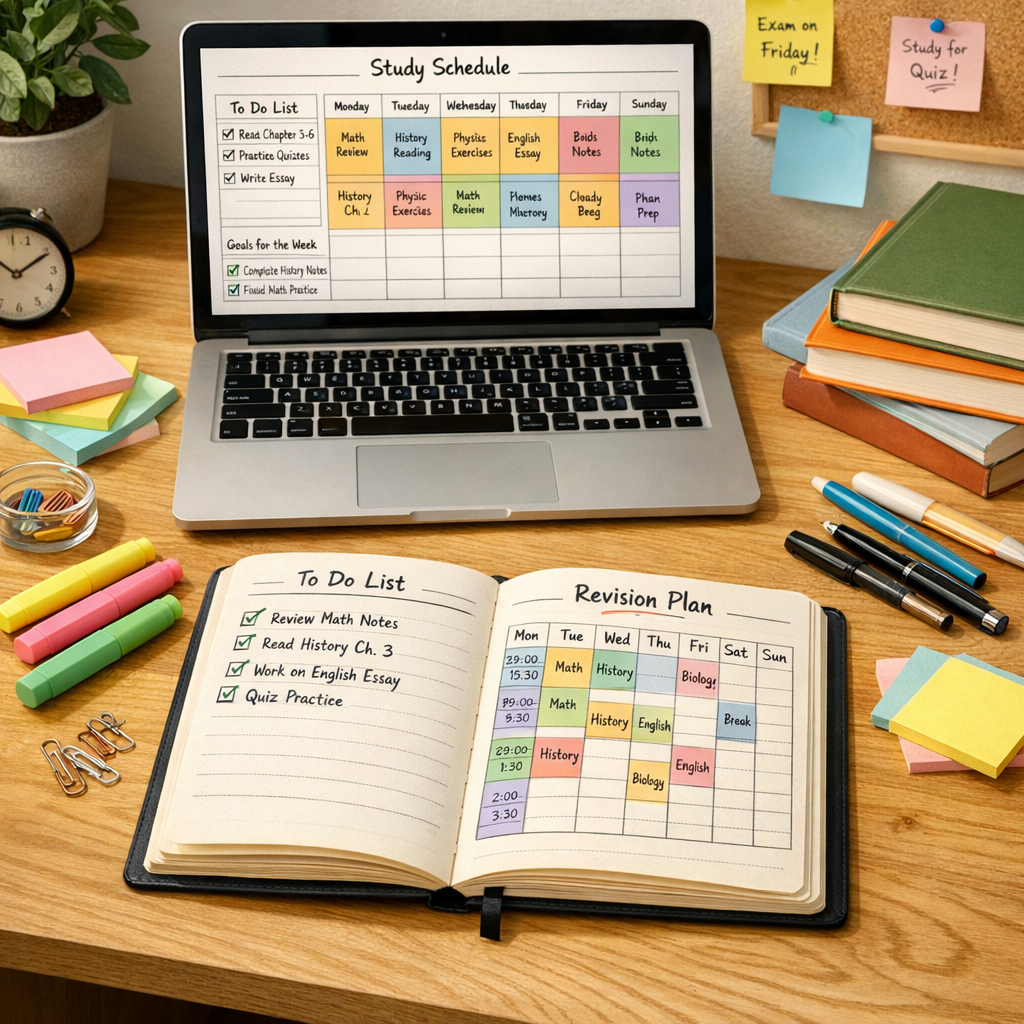 Bureau avec ordinateur et carnet pour organiser ses révisions